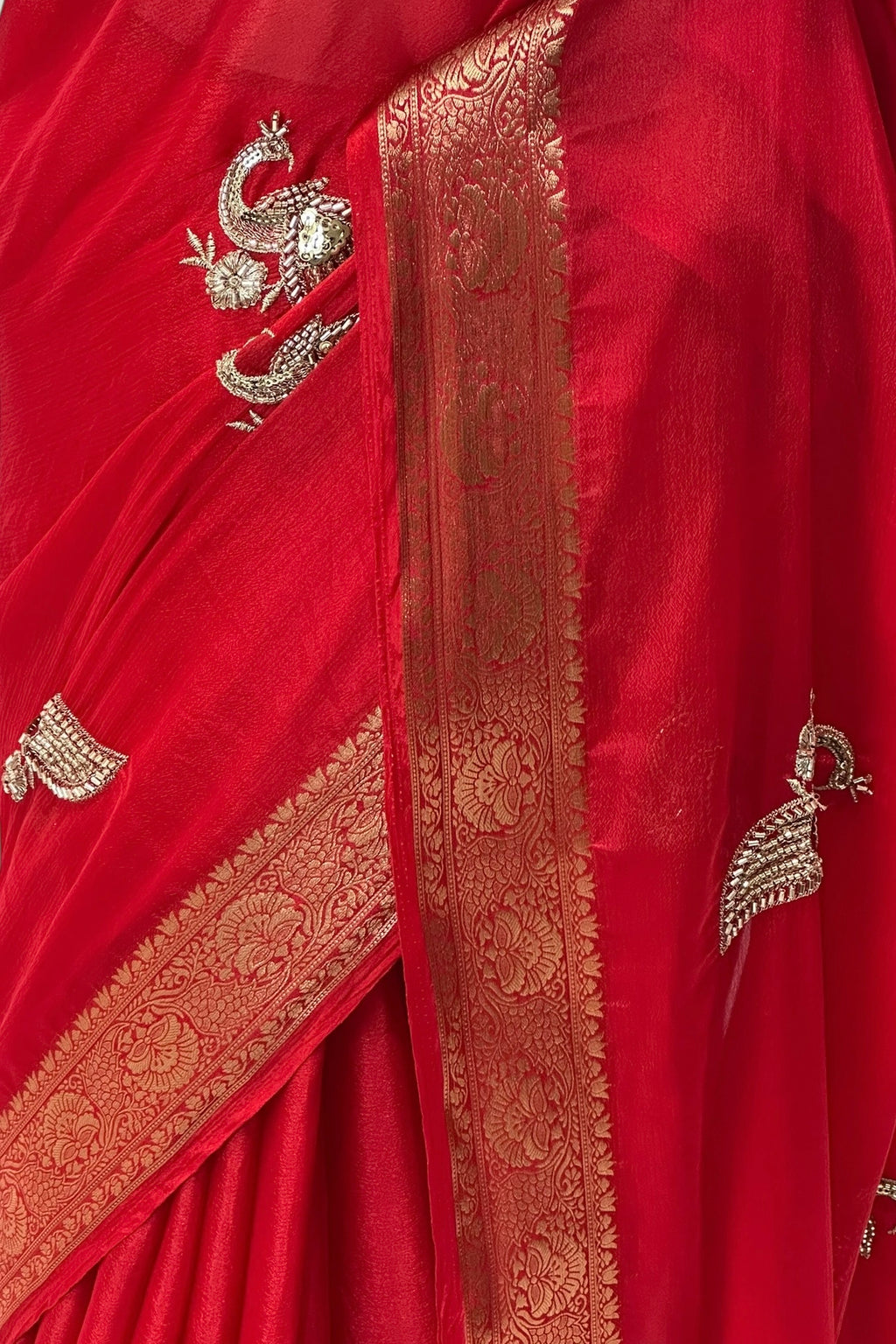 Peacock embellished zari chiffon saree - Red