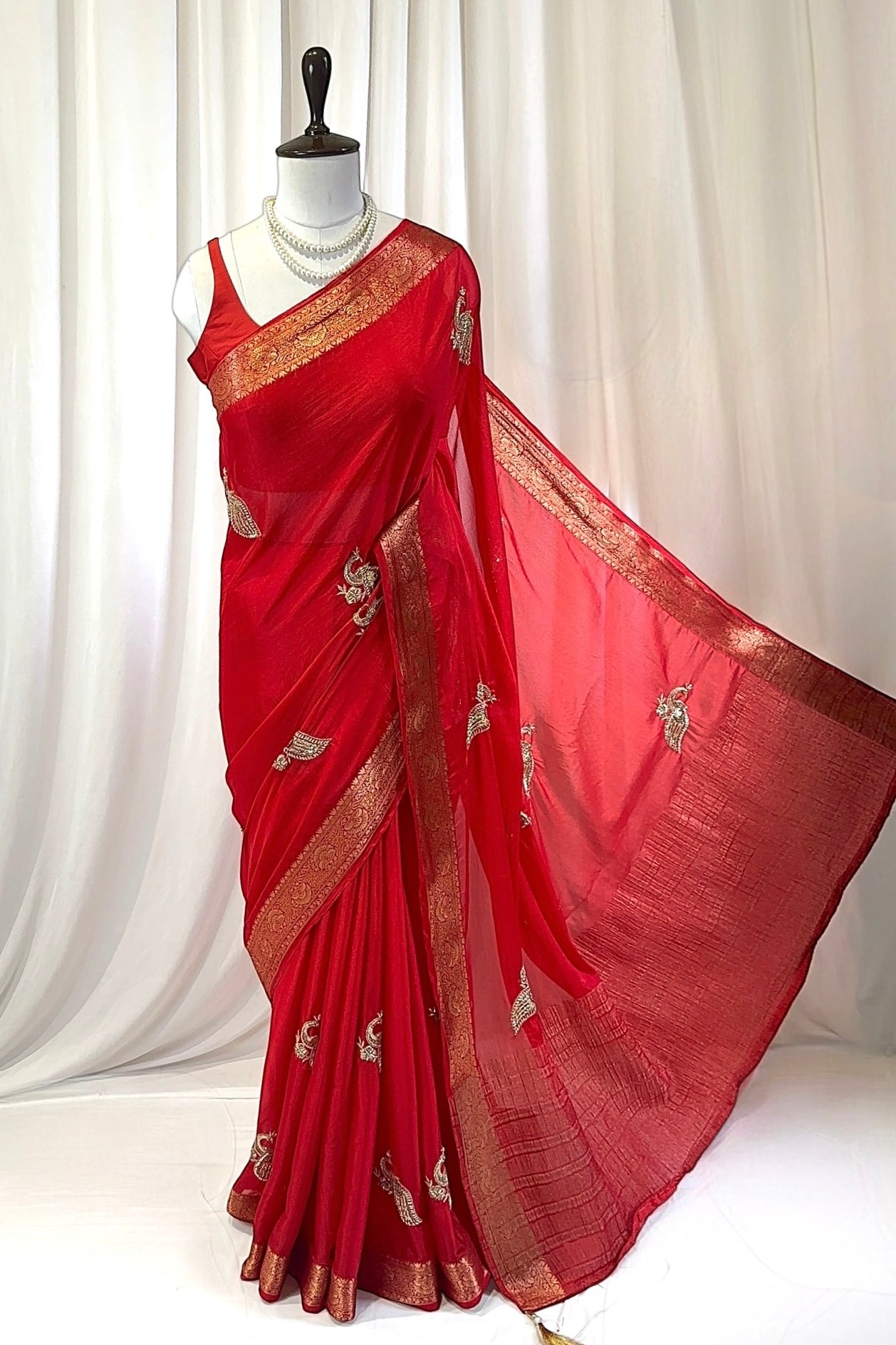 Peacock embellished zari chiffon saree - Red