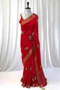 Peacock embellished zari chiffon saree - Red