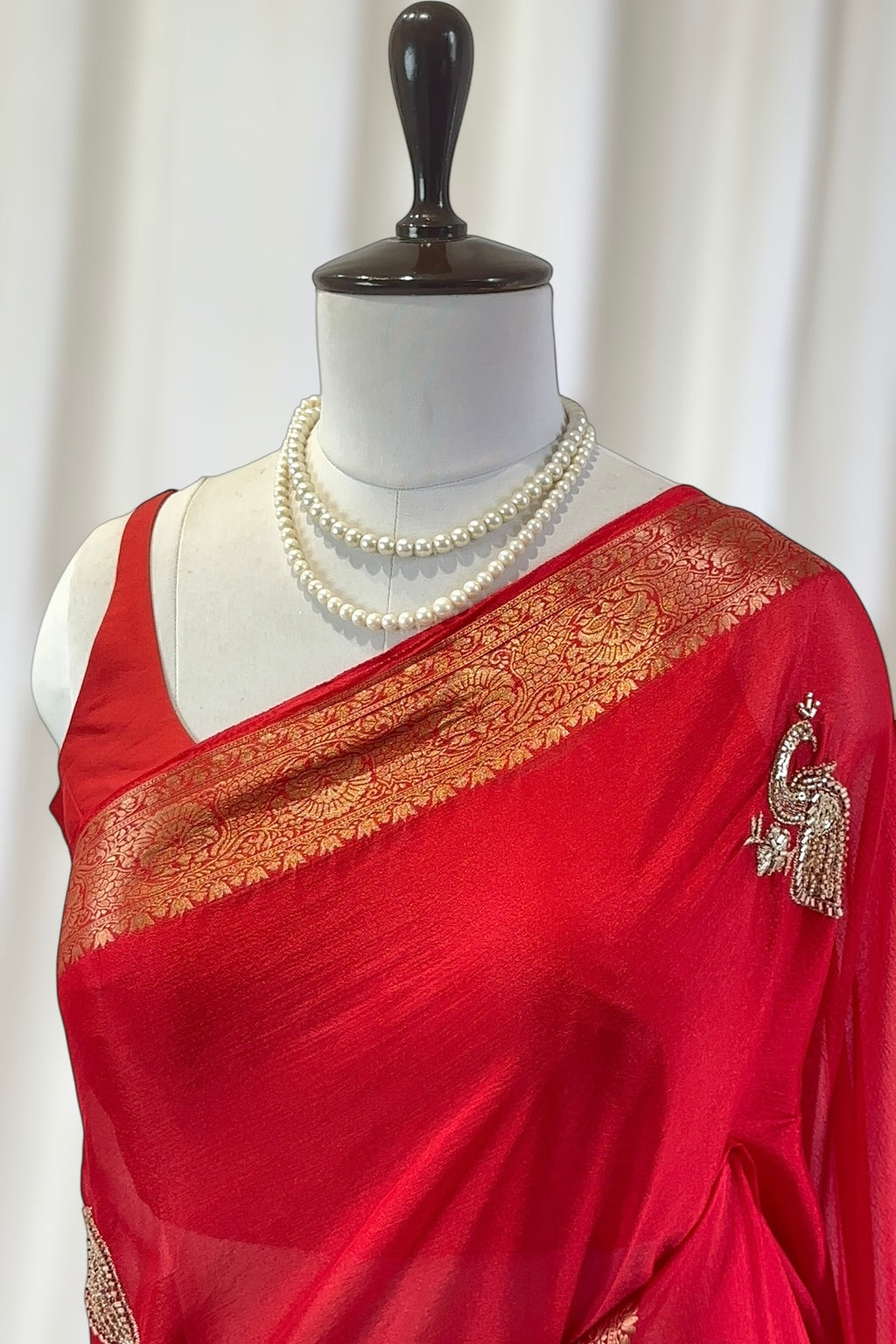 Peacock embellished zari chiffon saree - Red