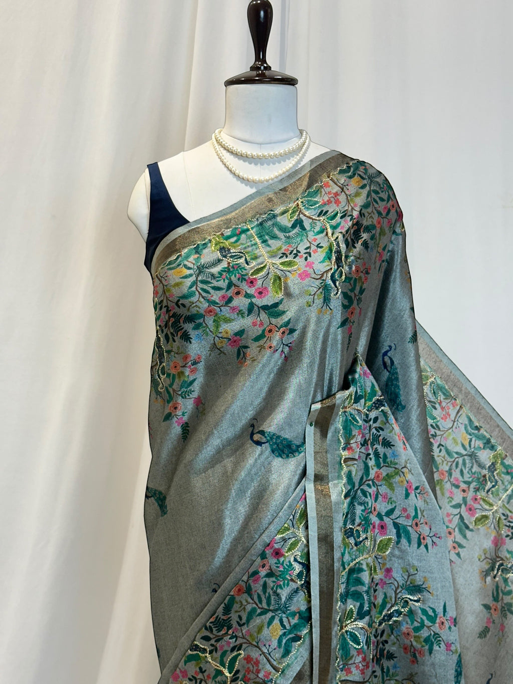 Digital print aariwork soft silk saree - Grey