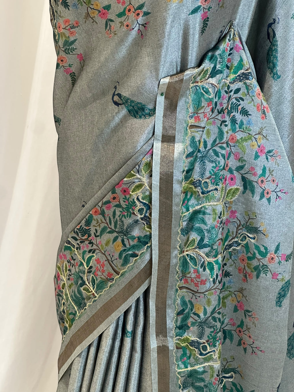 Digital print aariwork soft silk saree - Grey