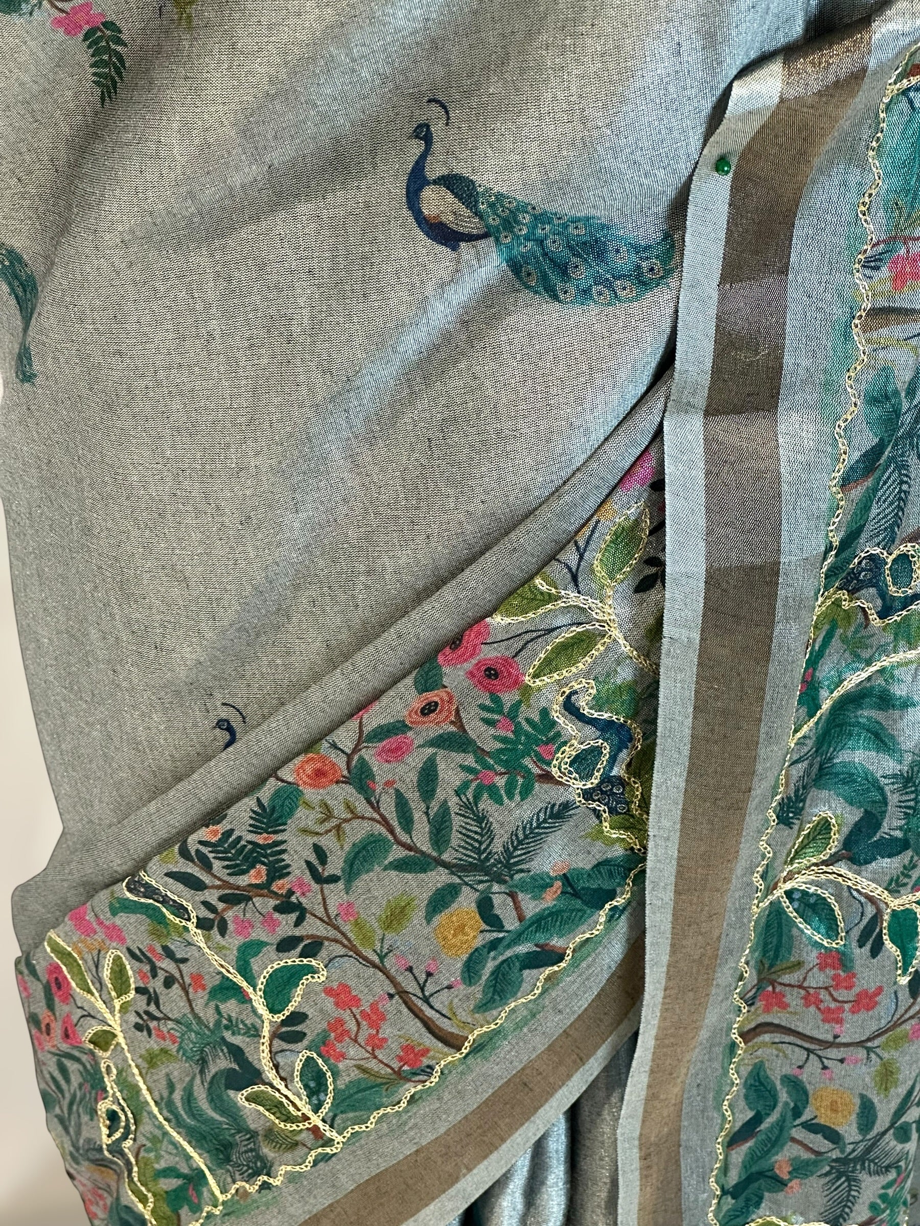 Digital print aariwork soft silk saree - Grey