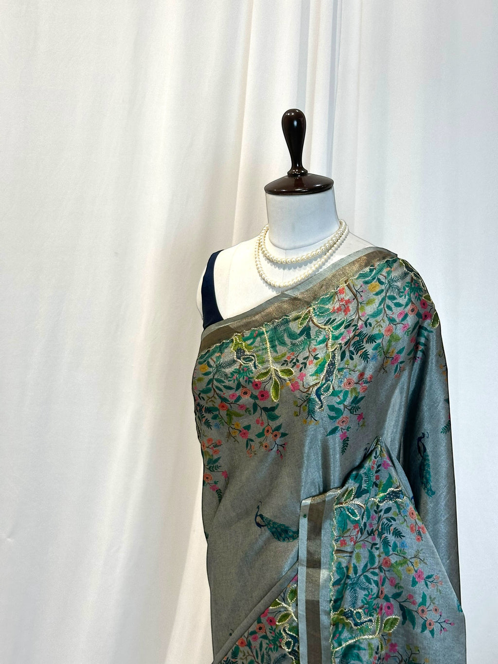 Digital print aariwork soft silk saree - Grey