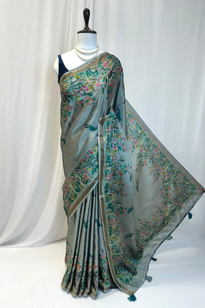 Digital print aariwork soft silk saree - Grey