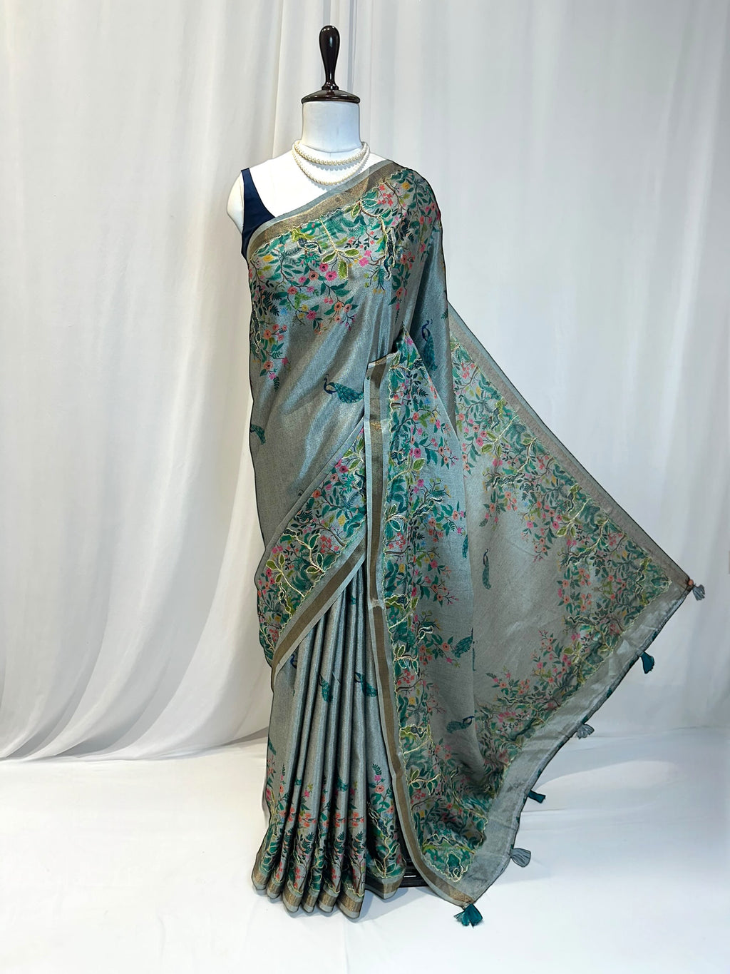 Digital print aariwork soft silk saree - Grey