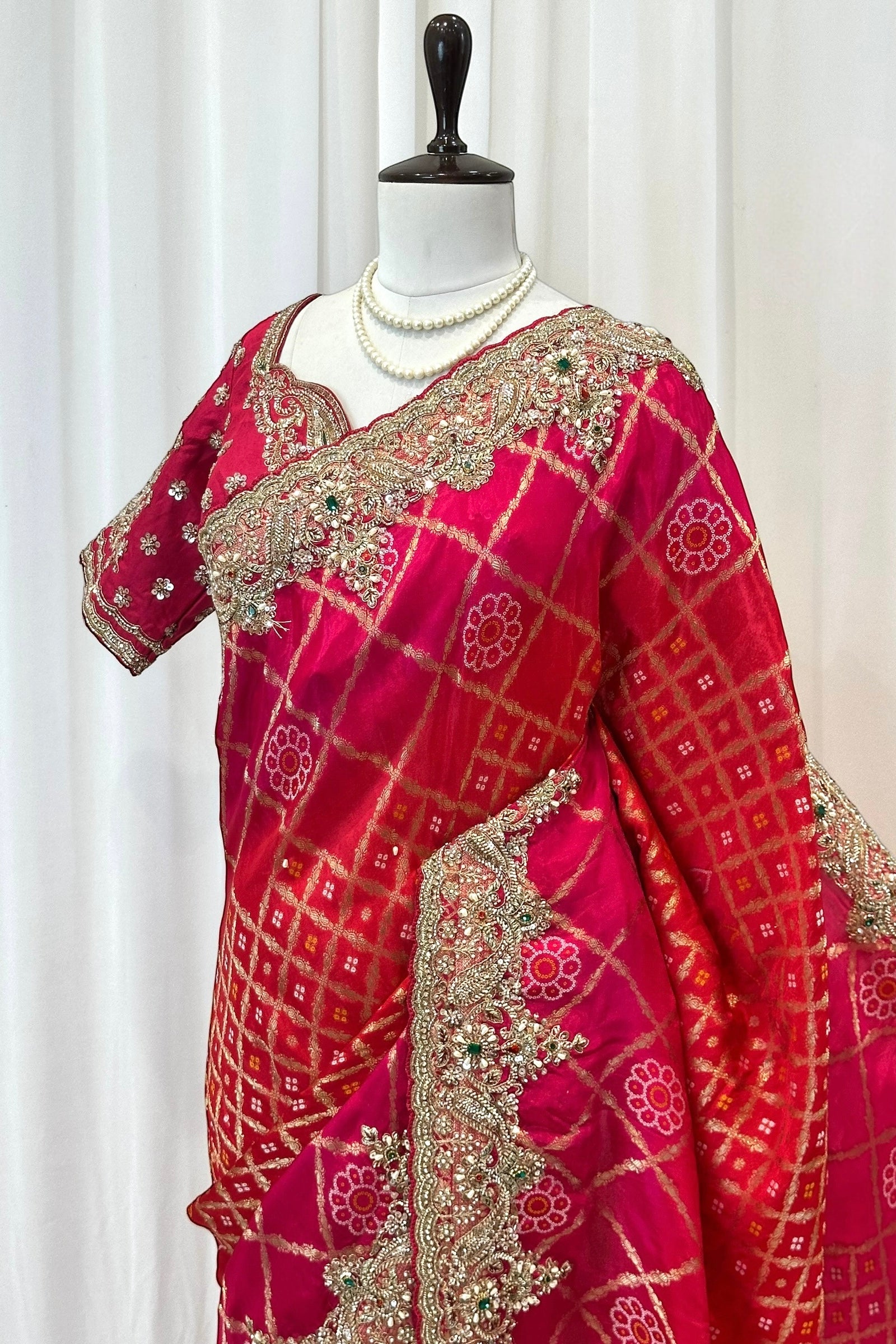 Stitched blouse soft silk saree - Rani Pink
