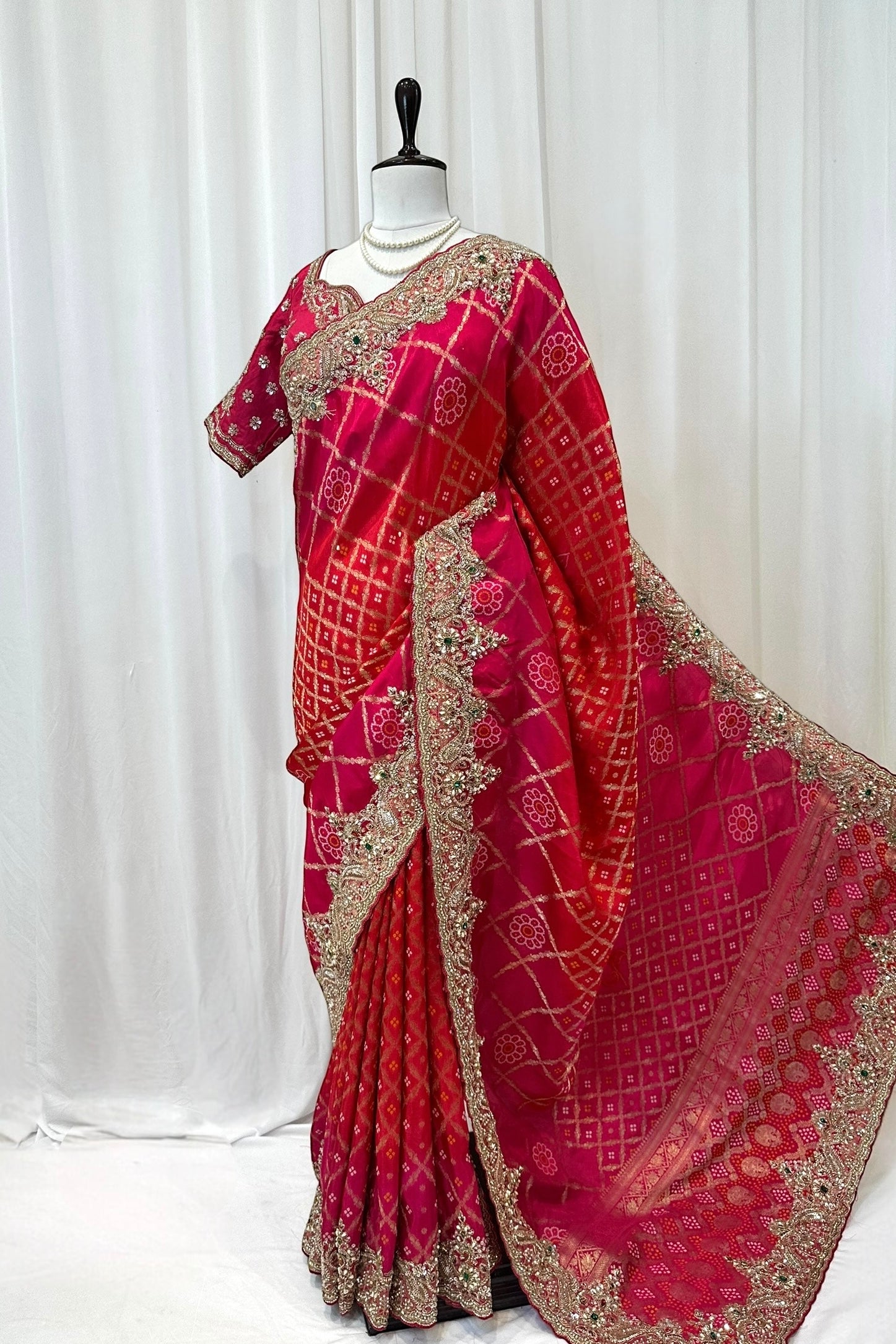 Stitched blouse soft silk saree - Rani Pink