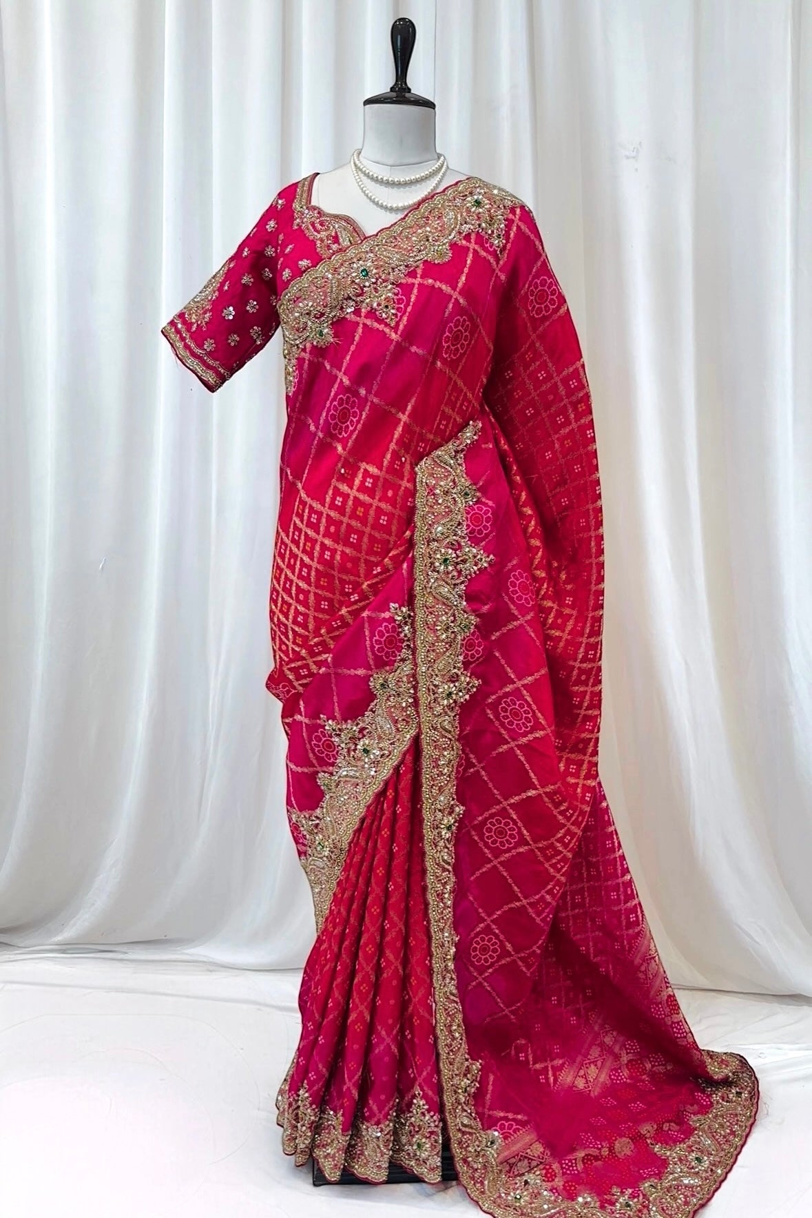 Stitched blouse soft silk saree - Rani Pink