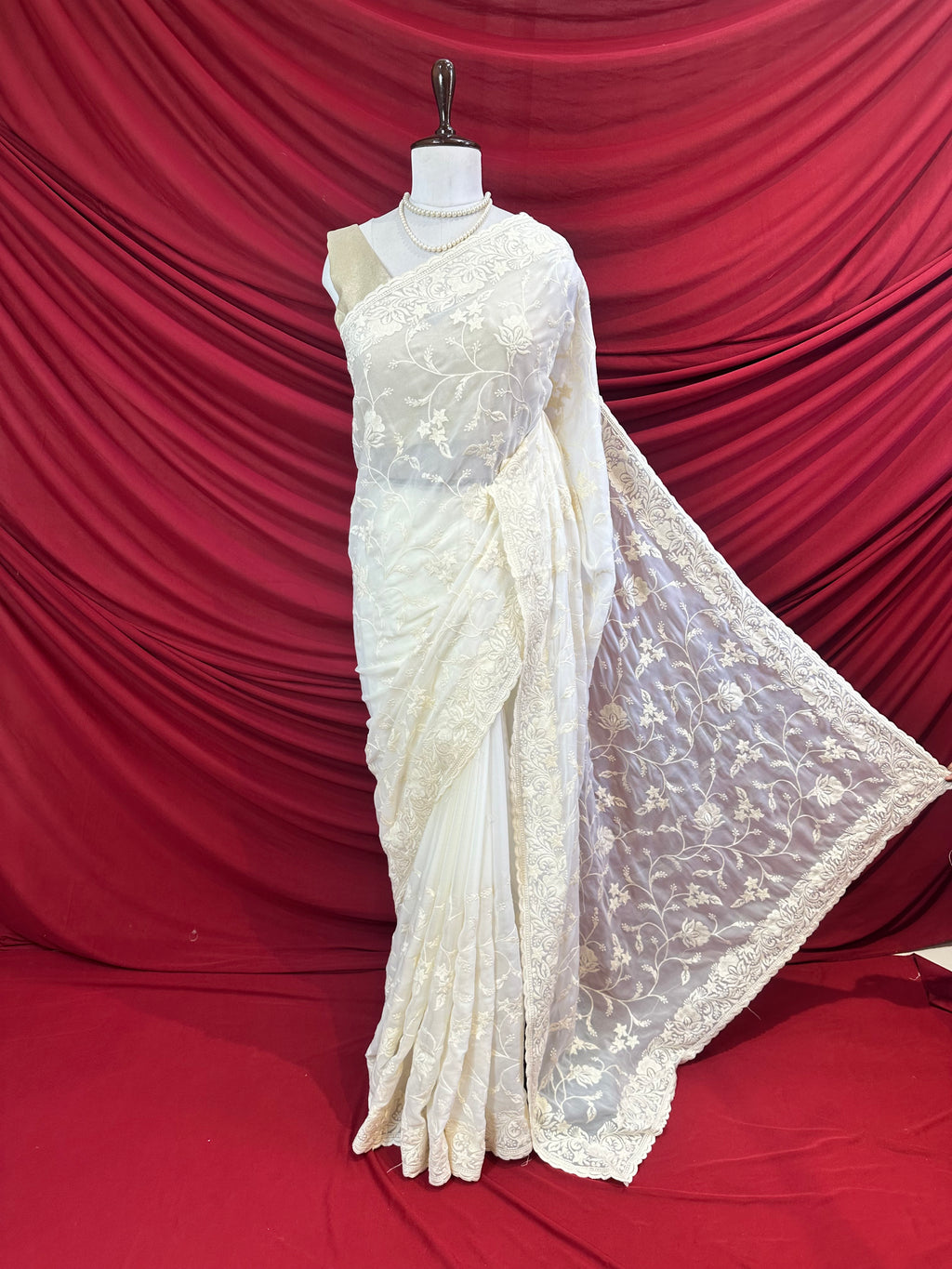 White georgette embroidered saree