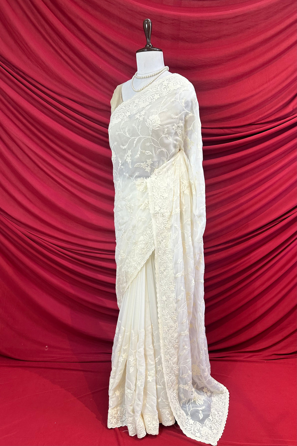 White georgette embroidered saree