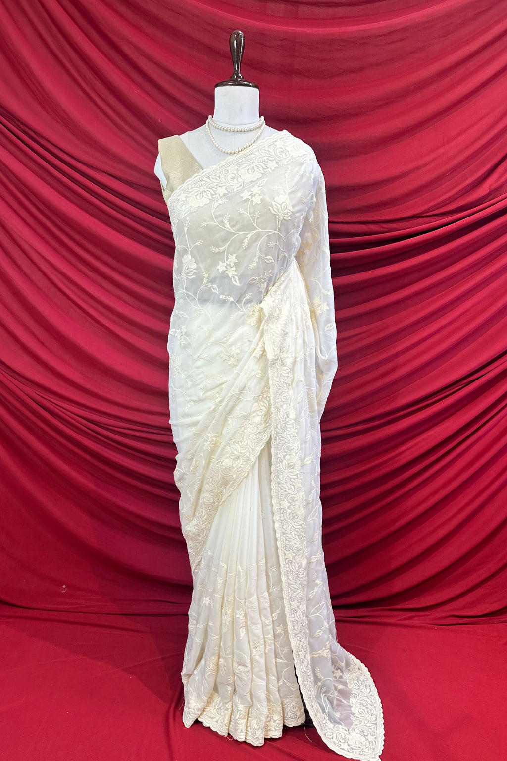 White georgette embroidered saree