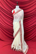 White red embellished chiffon saree