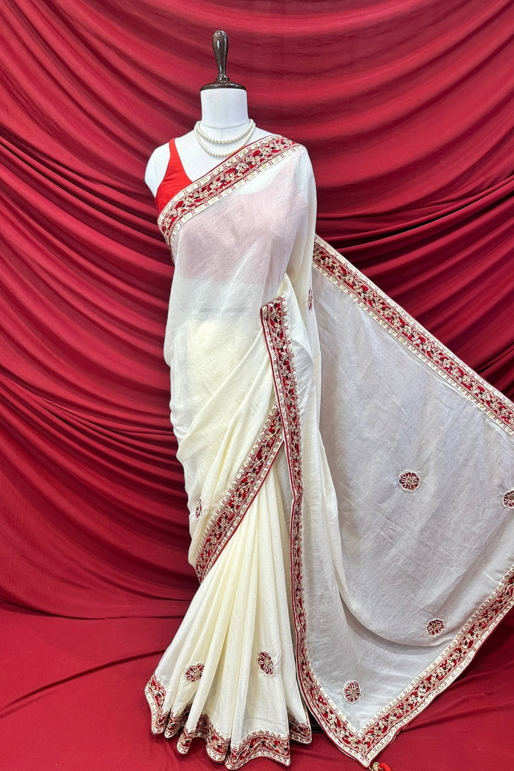 White red embellished chiffon saree