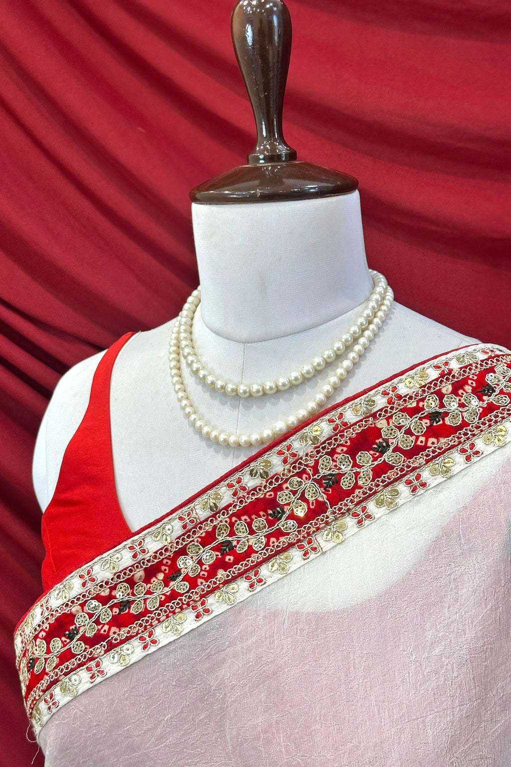 White red embellished chiffon saree