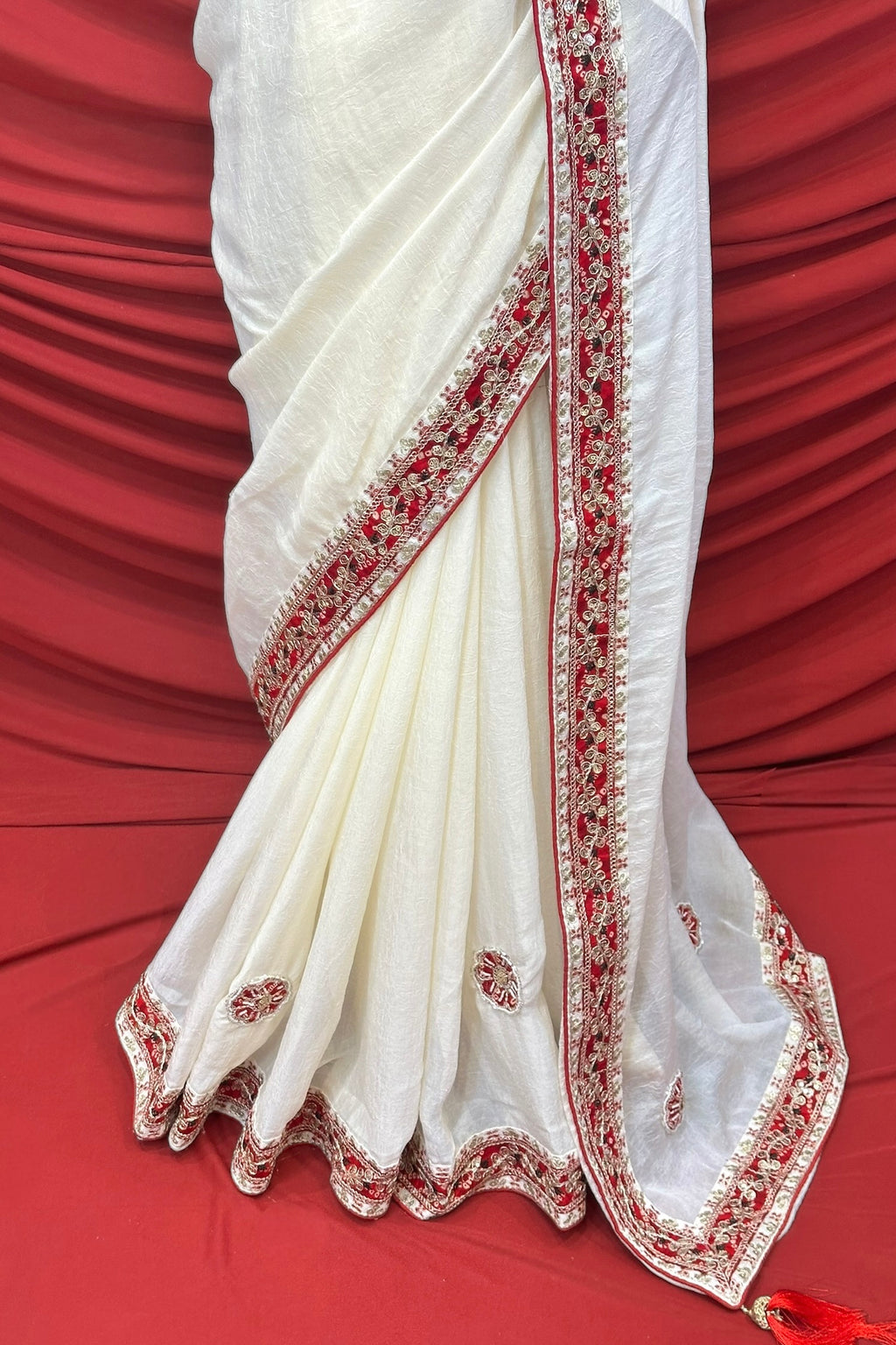 White red embellished chiffon saree