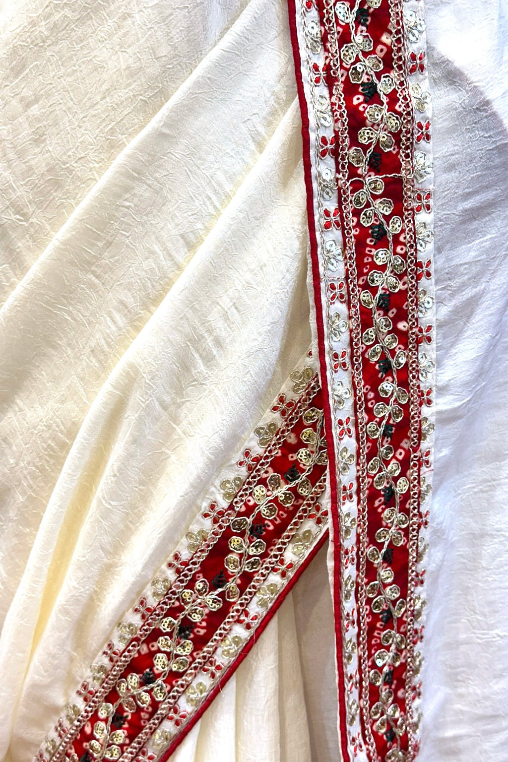 White red embellished chiffon saree