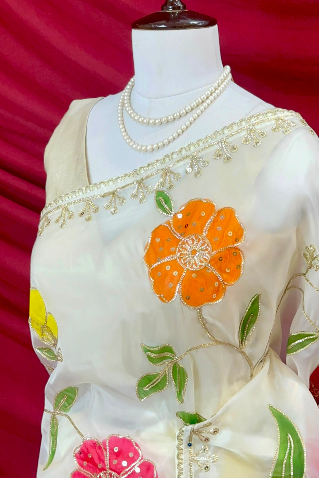 White floral multicolour organza saree