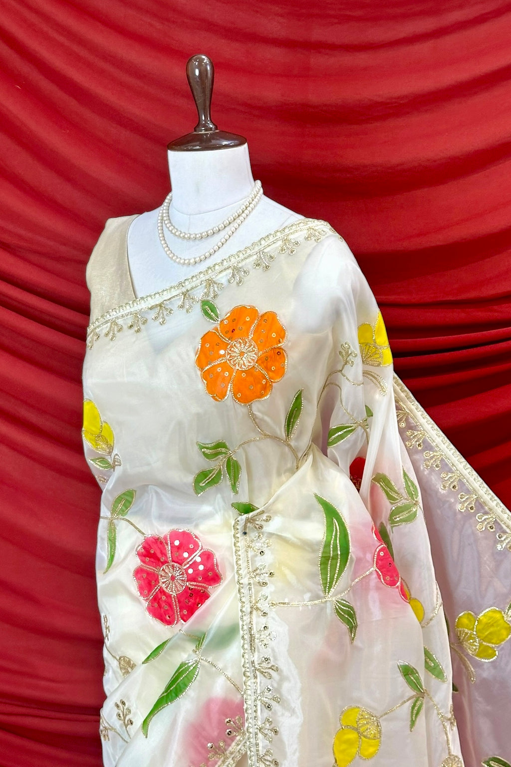 White floral multicolour organza saree