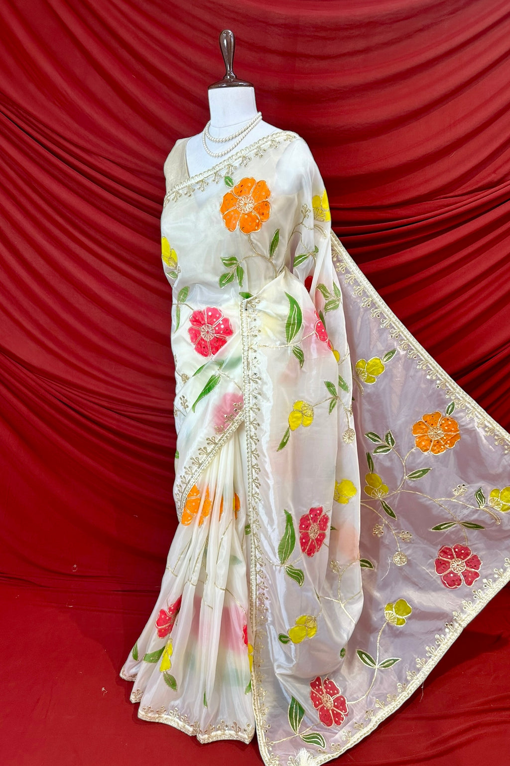 White floral multicolour organza saree