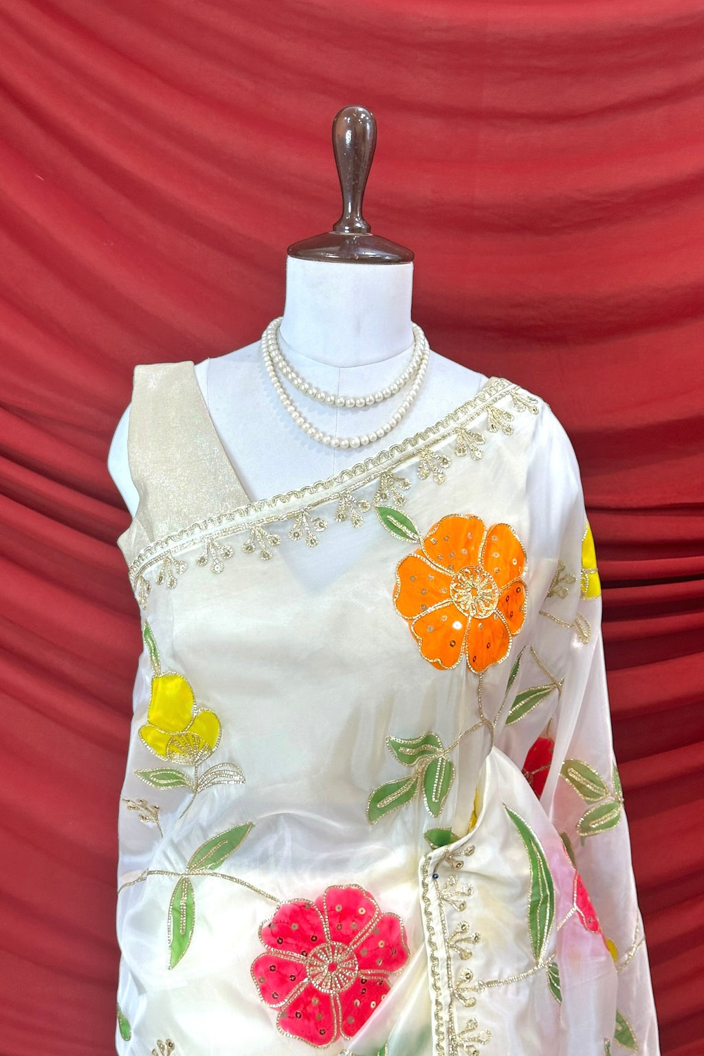 White floral multicolour organza saree