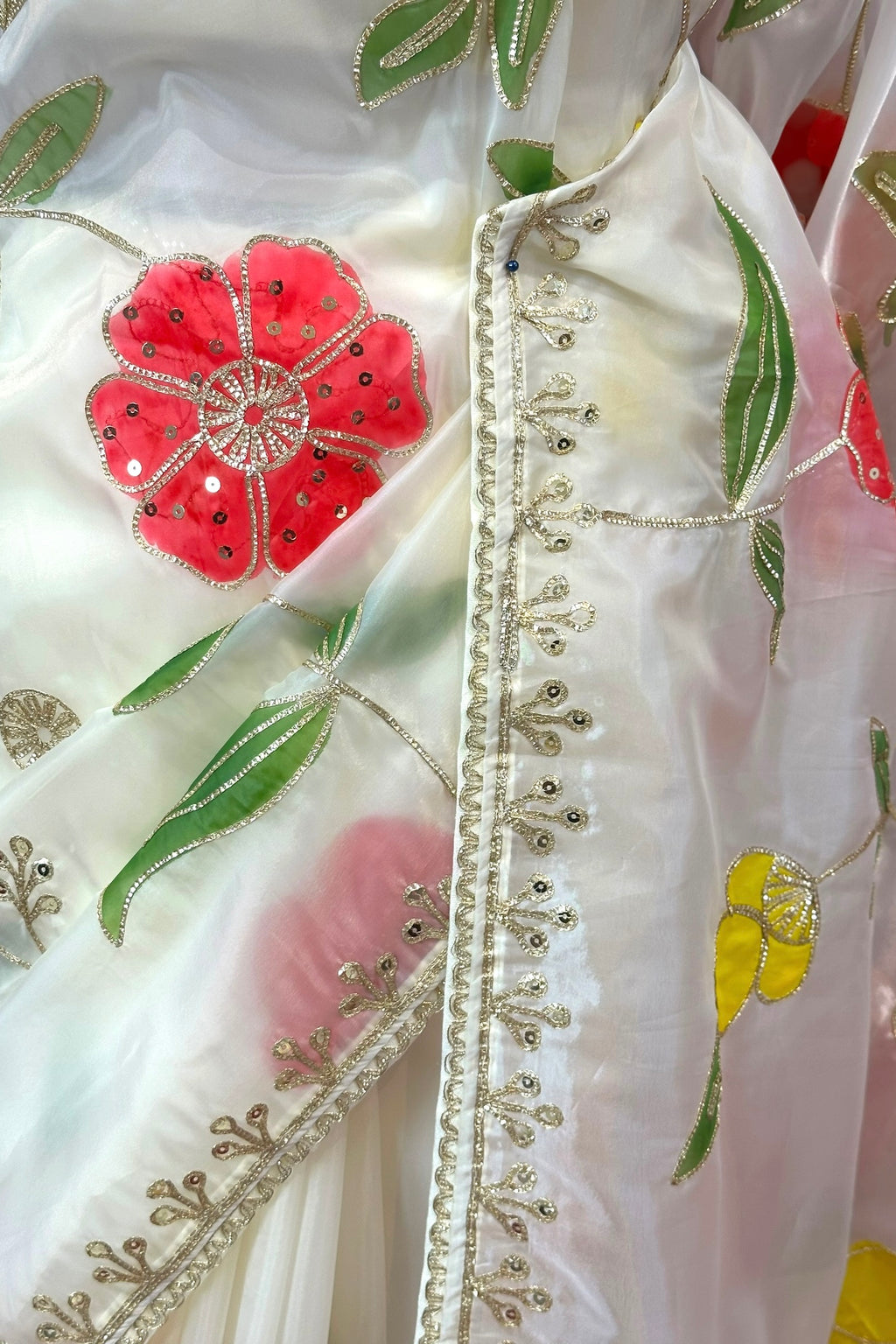 White floral multicolour organza saree