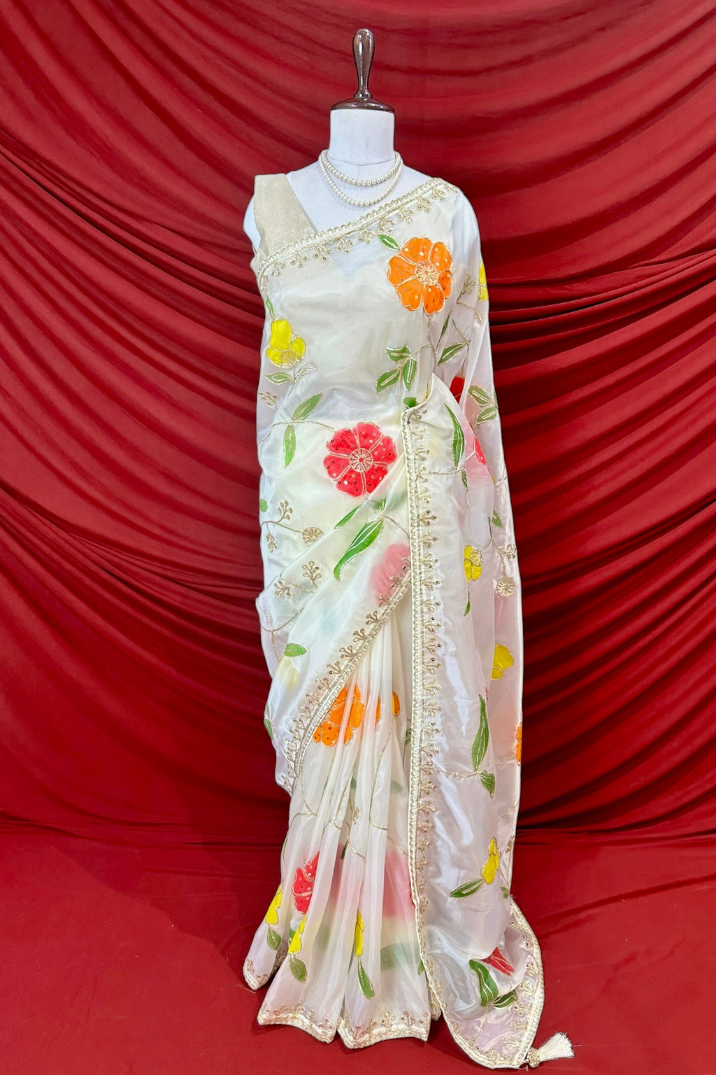 White floral multicolour organza saree