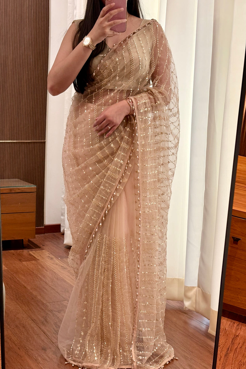 Premium net pearl embellished shimmer saree - Golden