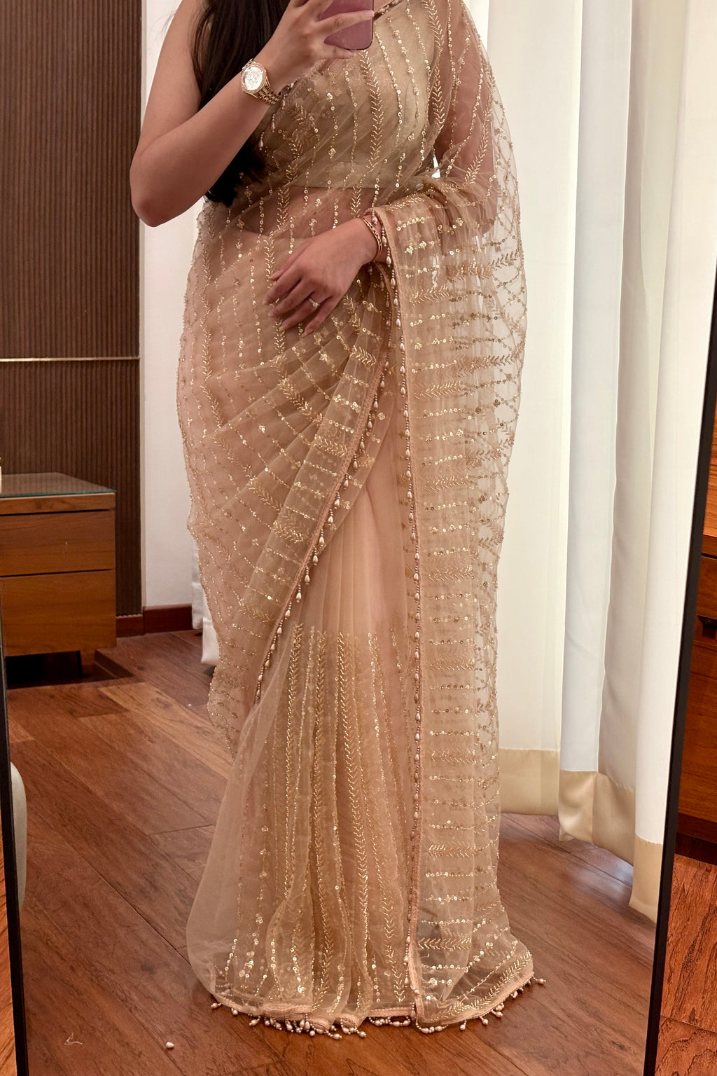 Premium net pearl embellished shimmer saree - Golden