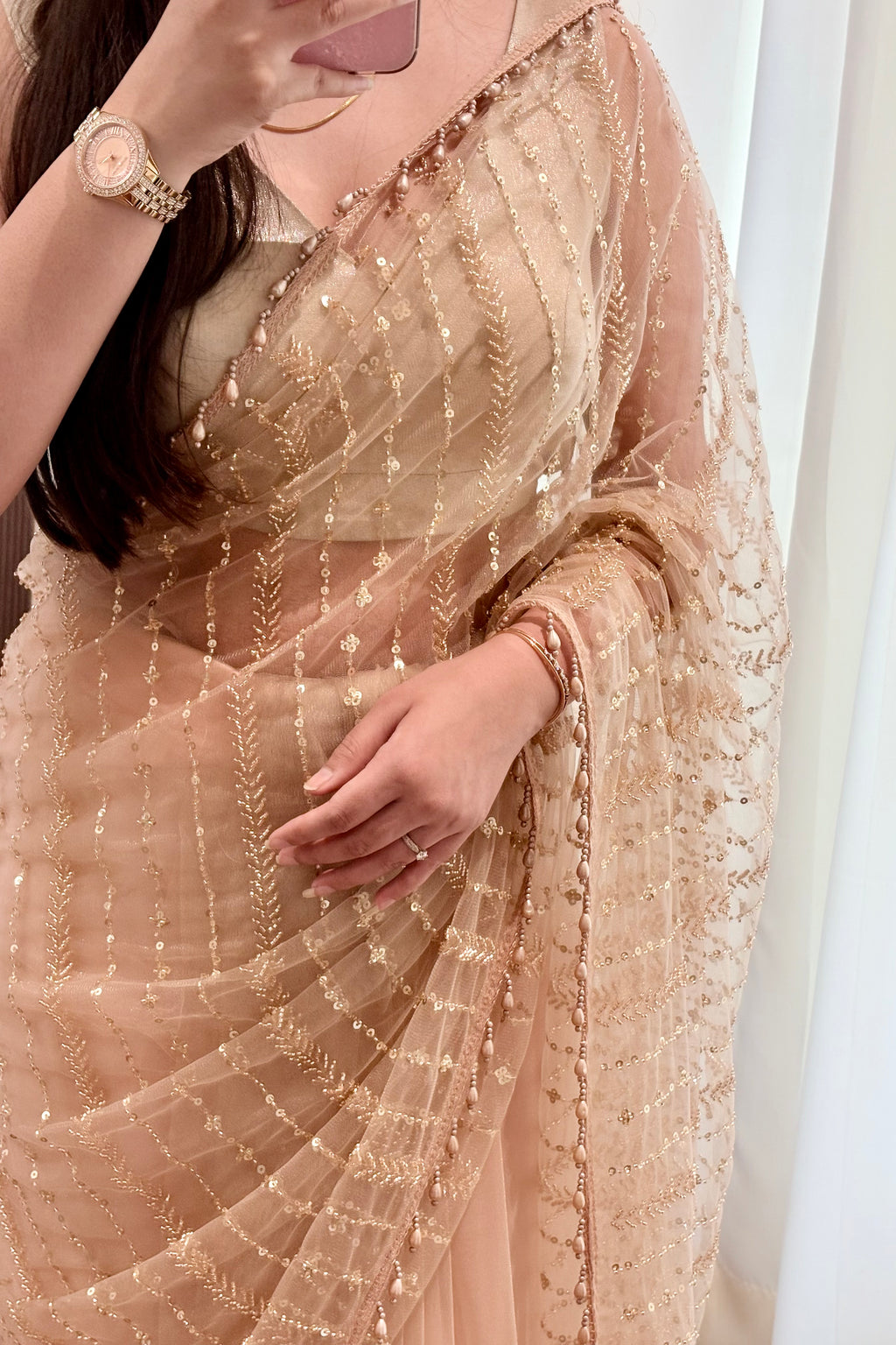 Premium net pearl embellished shimmer saree - Golden