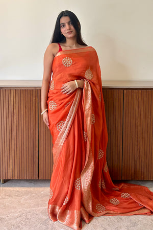 Pure organza zari embroidered saree - Orange