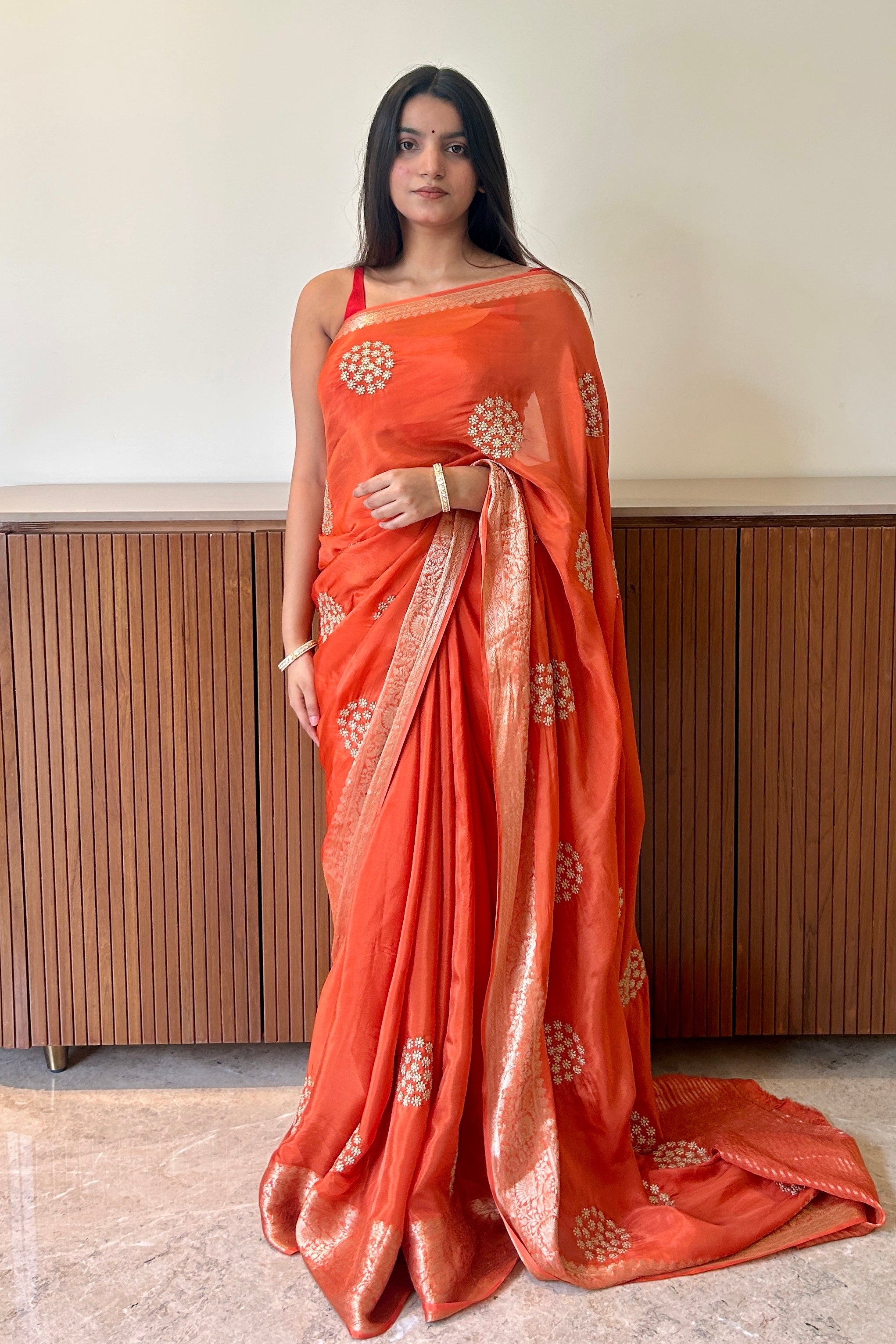 Pure organza zari embroidered saree - Orange