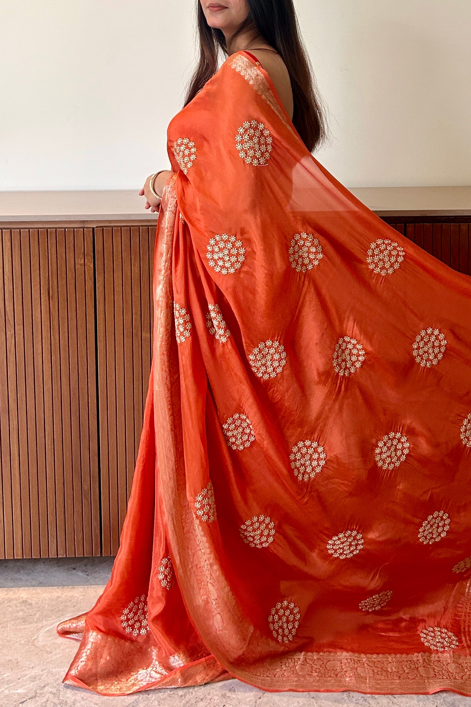 Pure organza zari embroidered saree - Orange