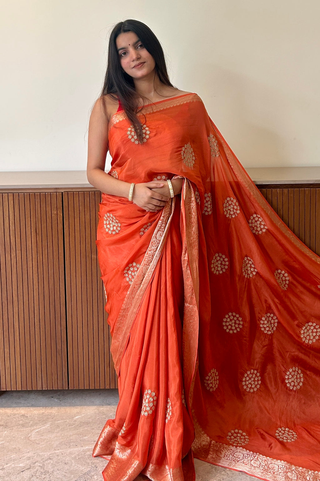 Pure organza zari embroidered saree - Orange