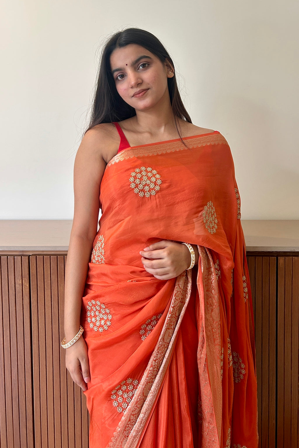 Pure organza zari embroidered saree - Orange