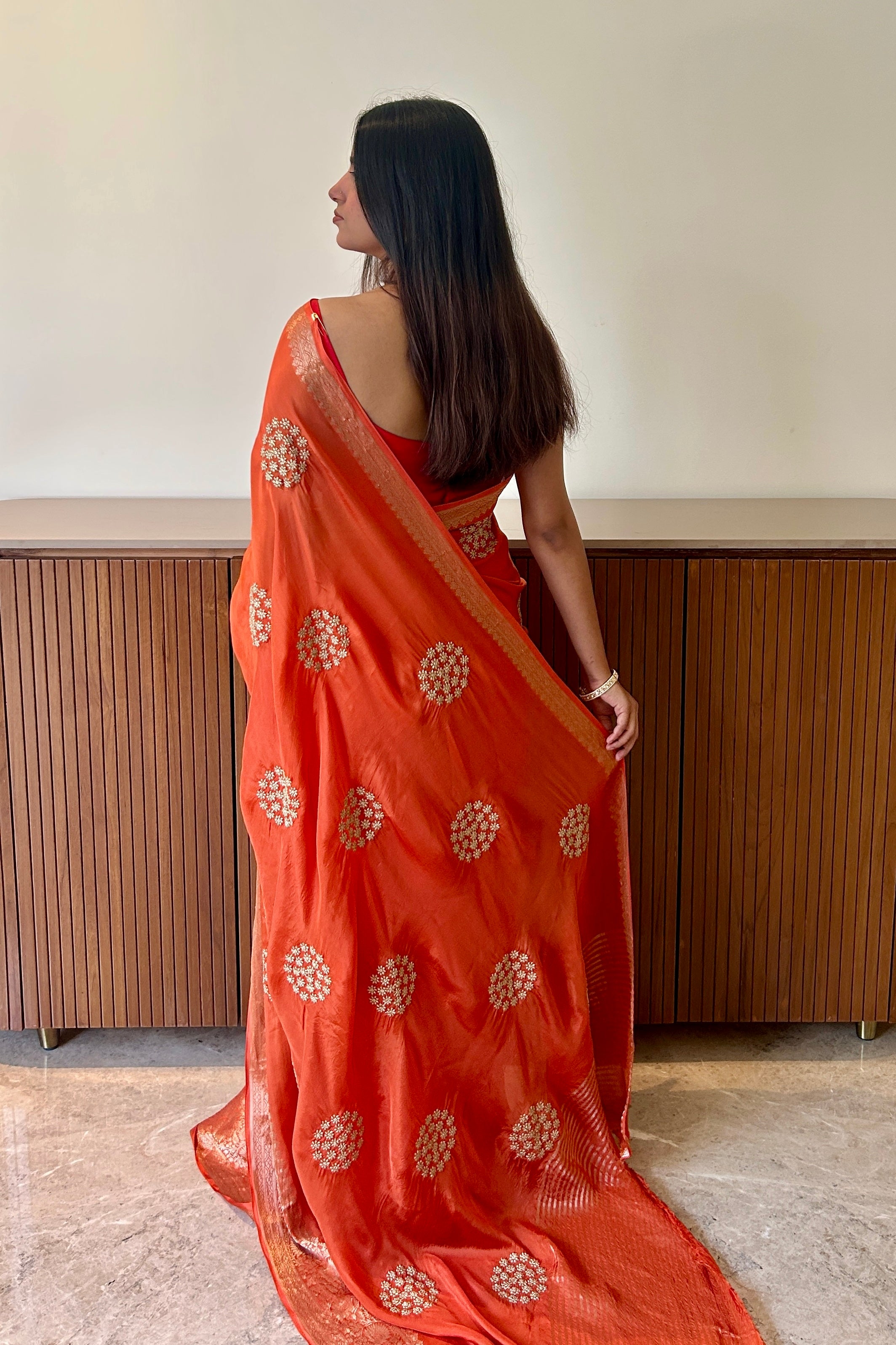 Pure organza zari embroidered saree - Orange