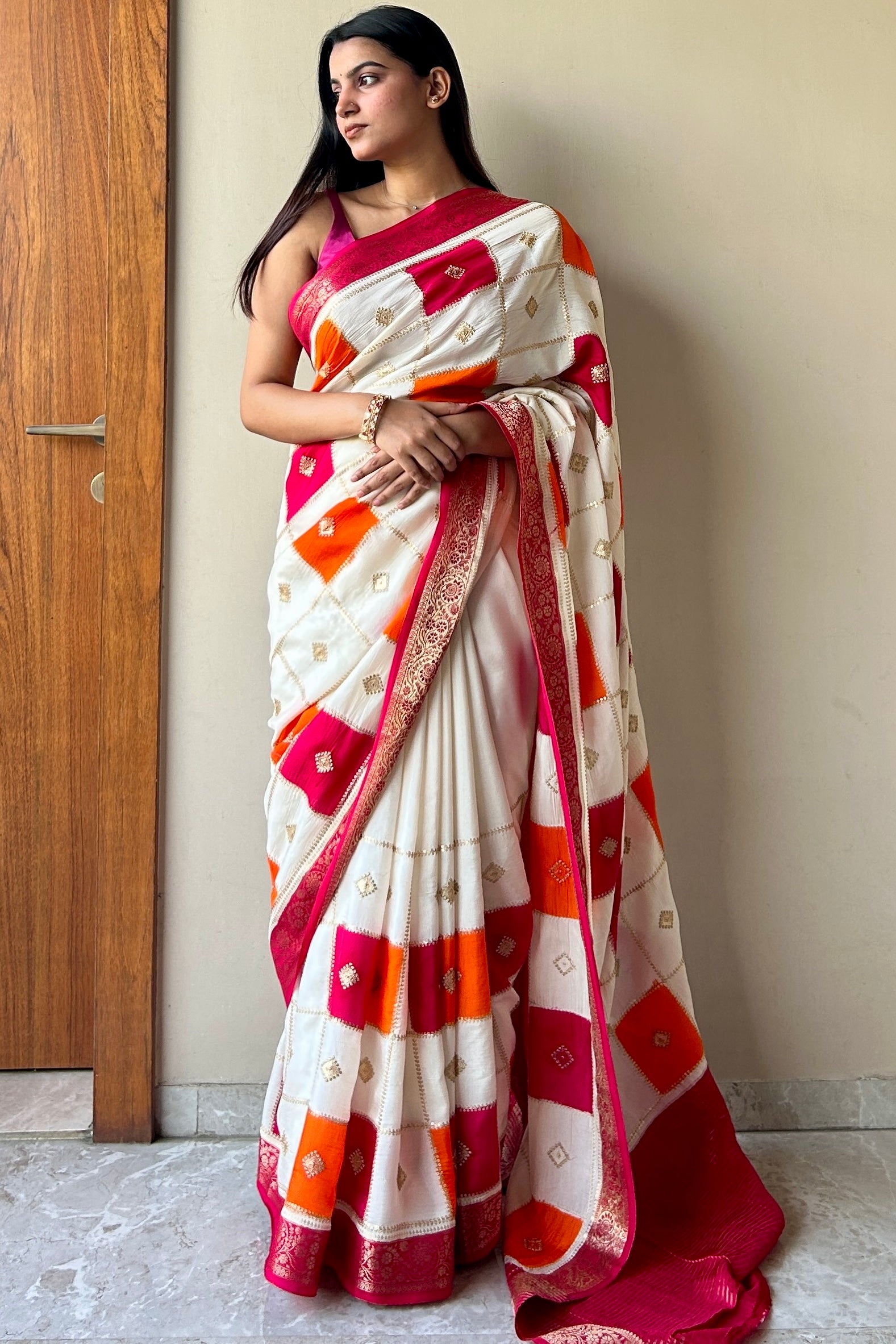 White pure dola silk multicolour saree