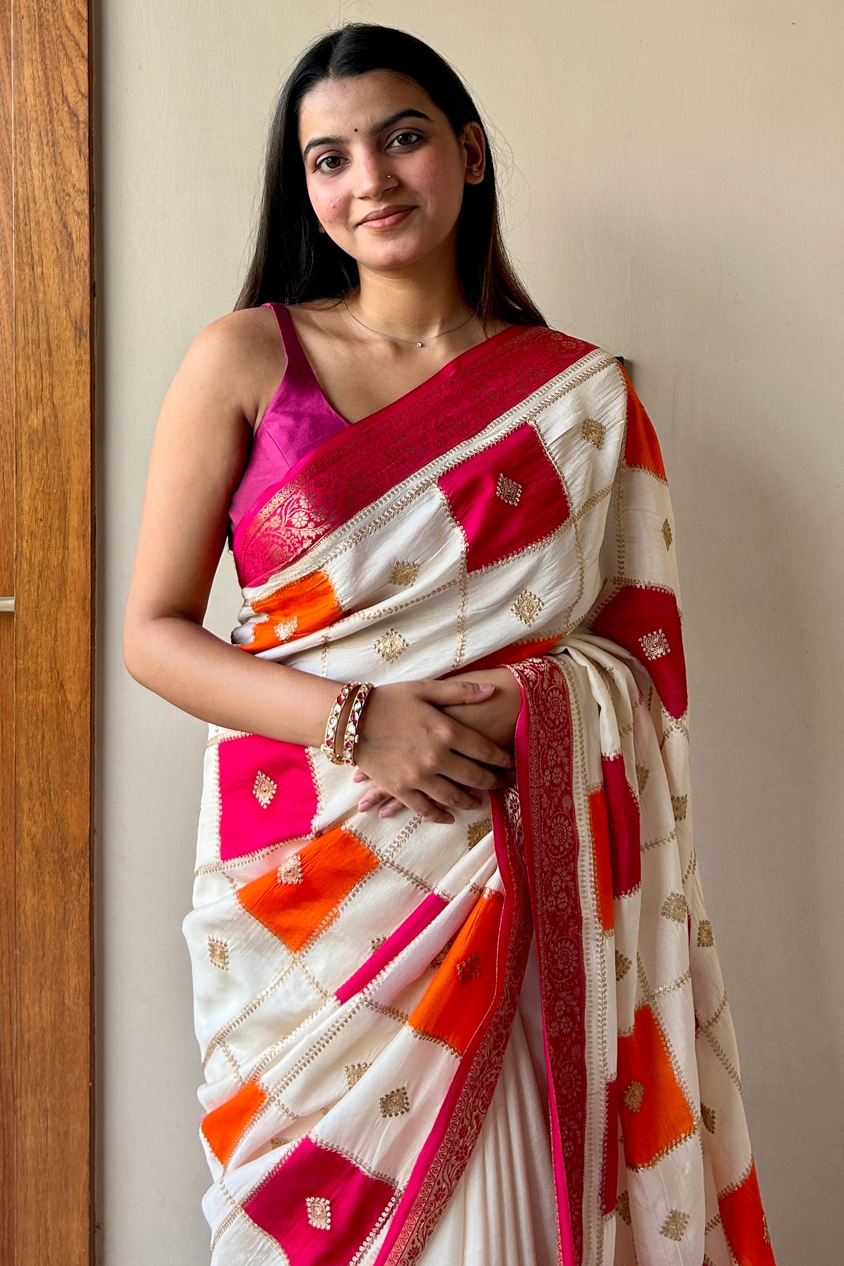 White pure dola silk multicolour saree