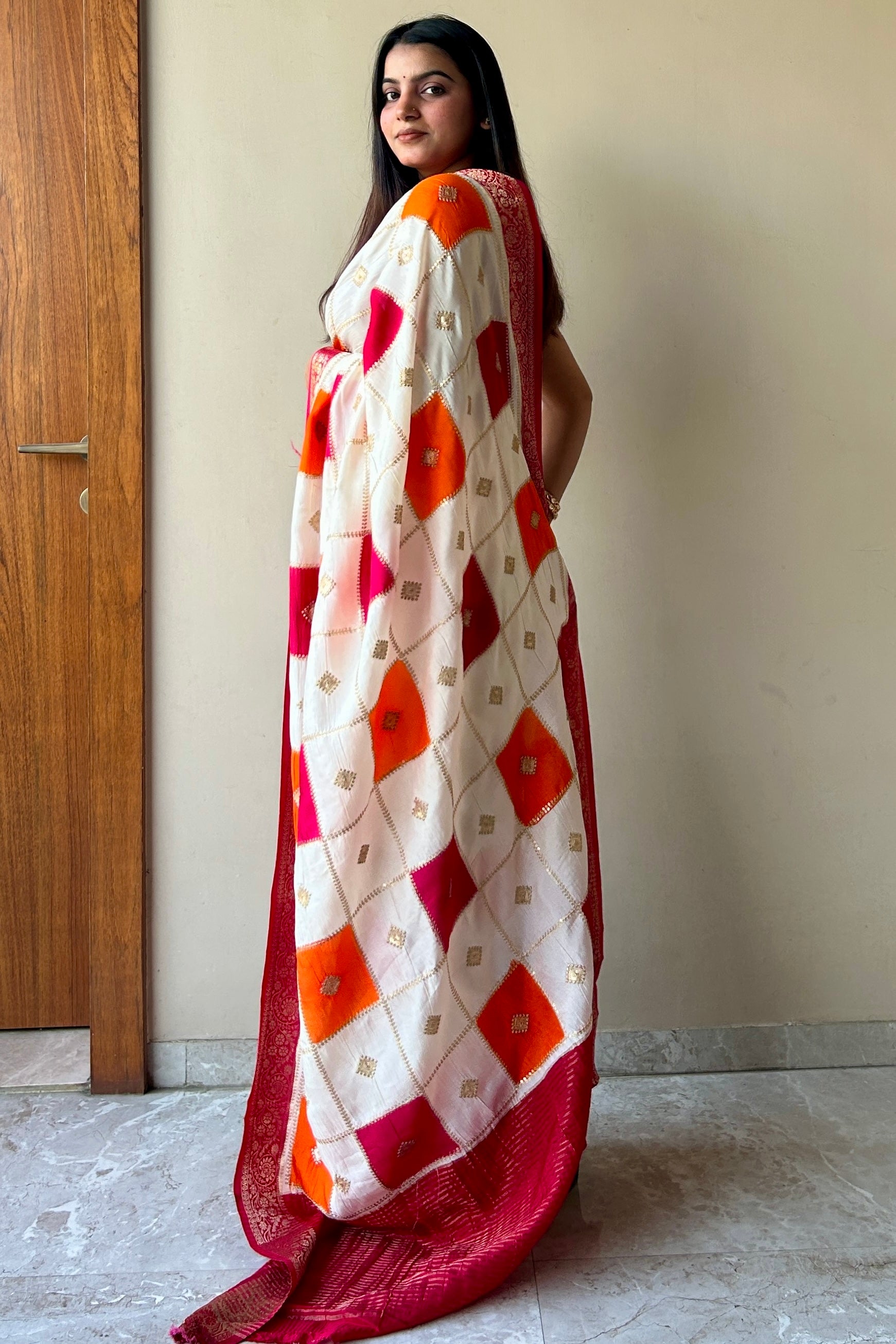 White pure dola silk multicolour saree