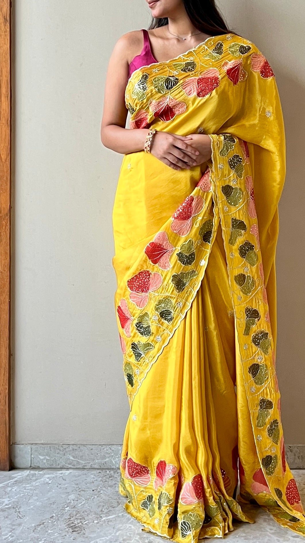 Pure organza floral sequins saree - Yellow