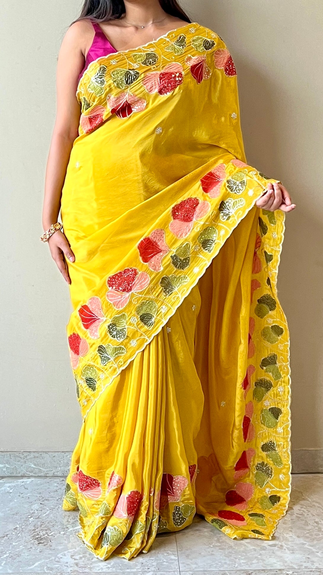 Pure organza floral sequins saree - Yellow