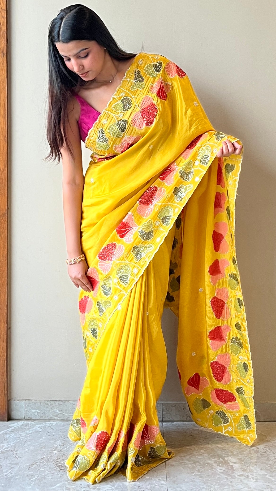 Pure organza floral sequins saree - Yellow