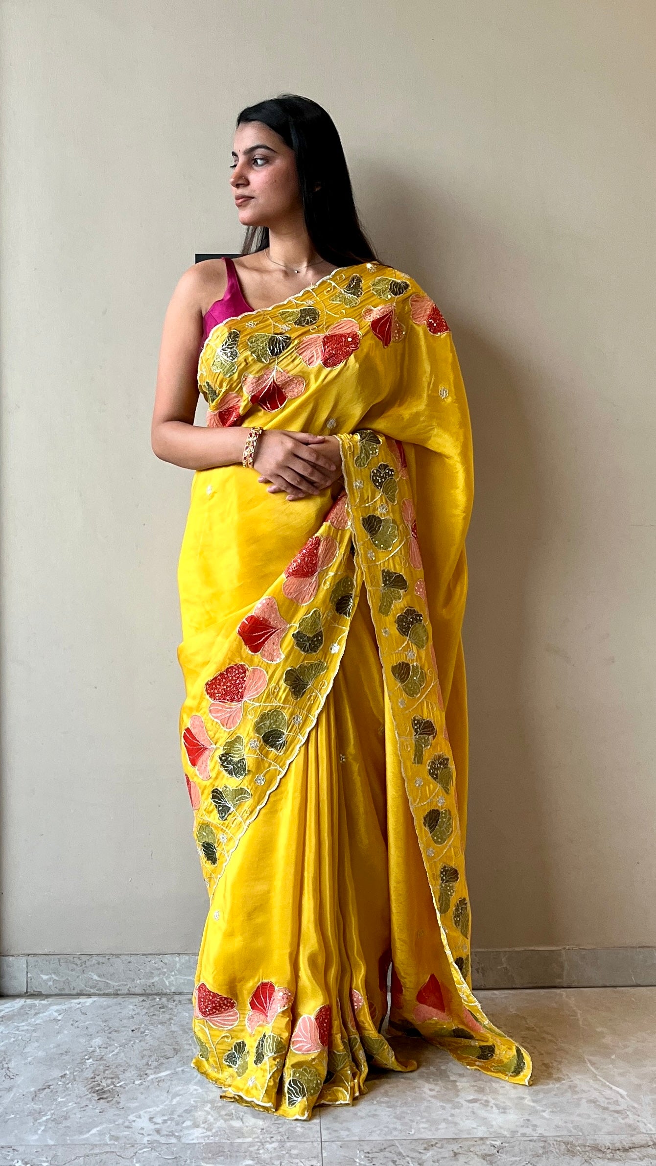Pure organza floral sequins saree - Yellow