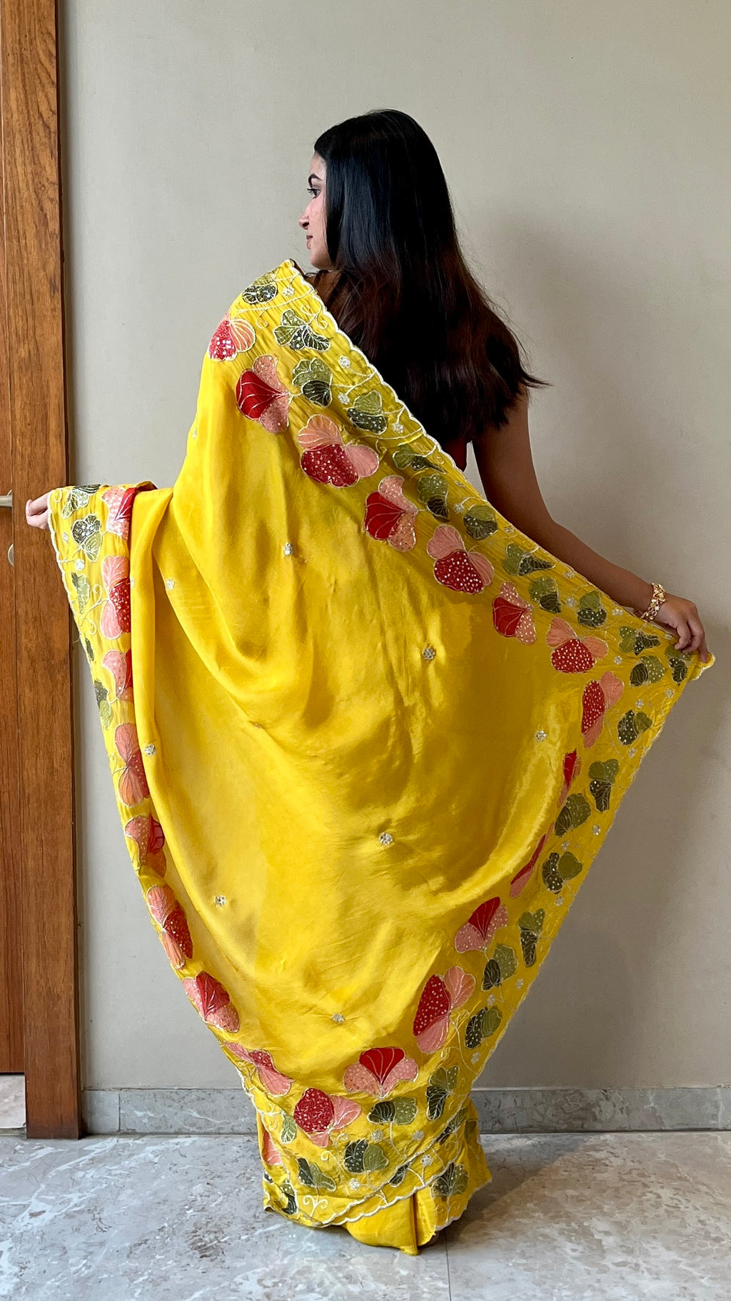 Pure organza floral sequins saree - Yellow
