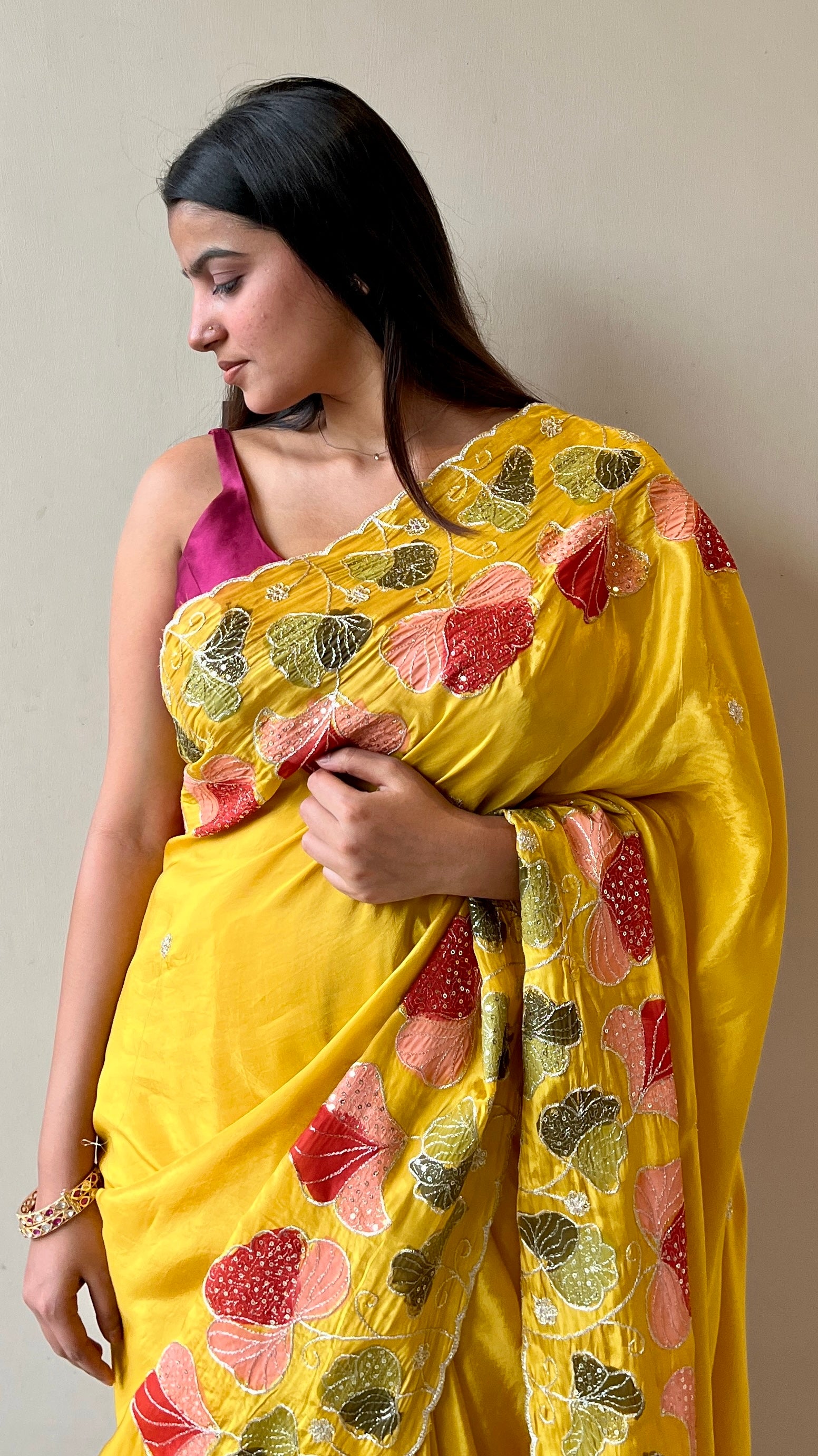 Pure organza floral sequins saree - Yellow