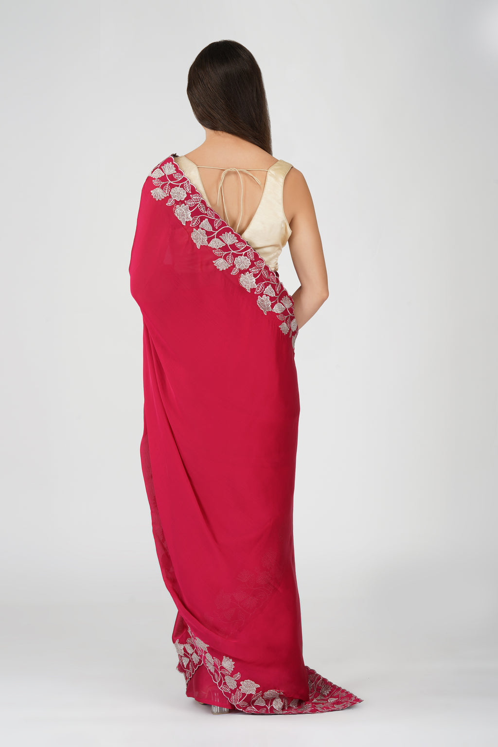 Floral embellished chiffon saree - Pink