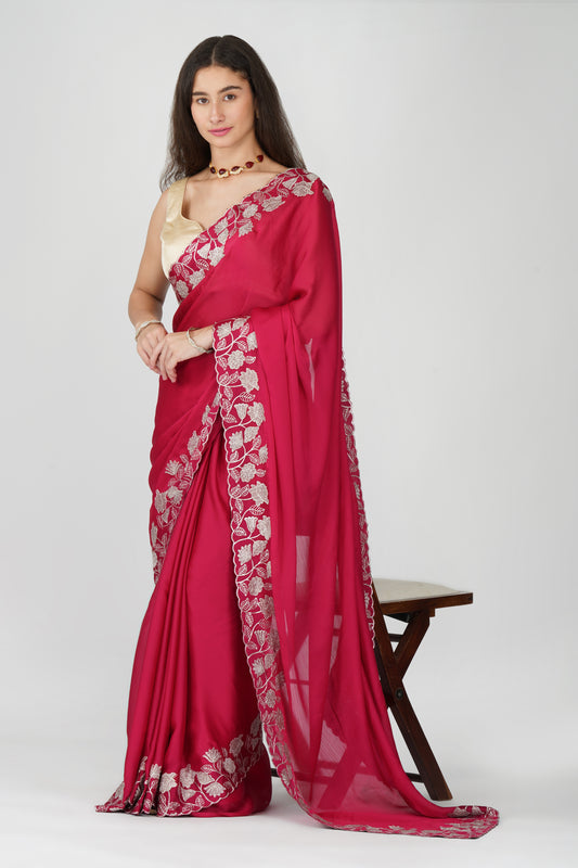 Pink floral embellished chiffon saree
