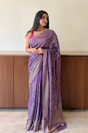 Geometric zari embroidered saree - Purple