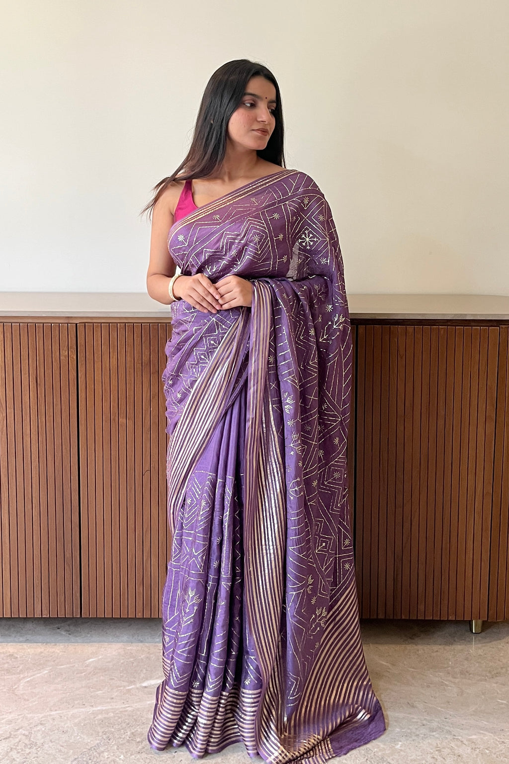 Geometric zari embroidered saree - Purple