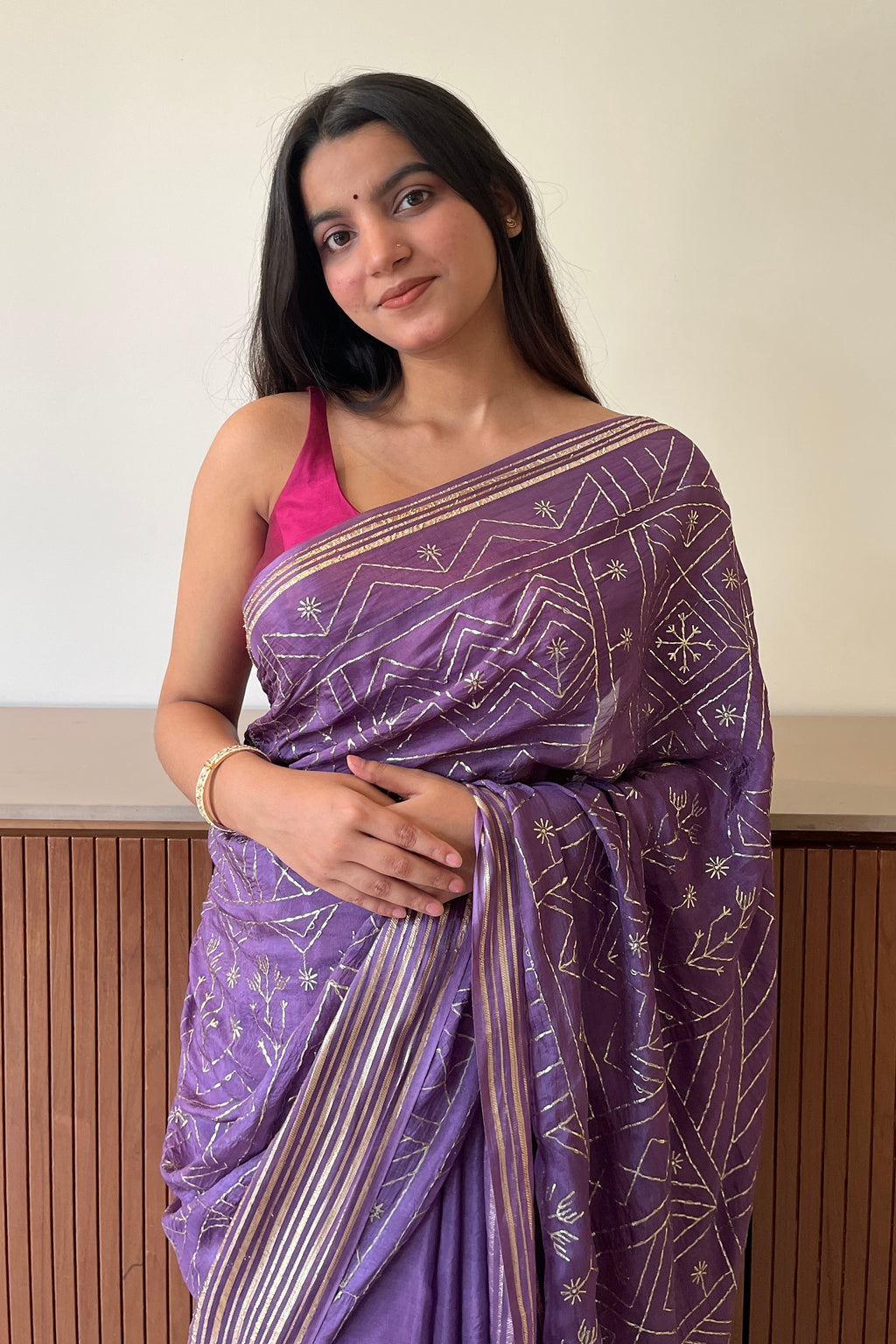 Geometric zari embroidered saree - Purple
